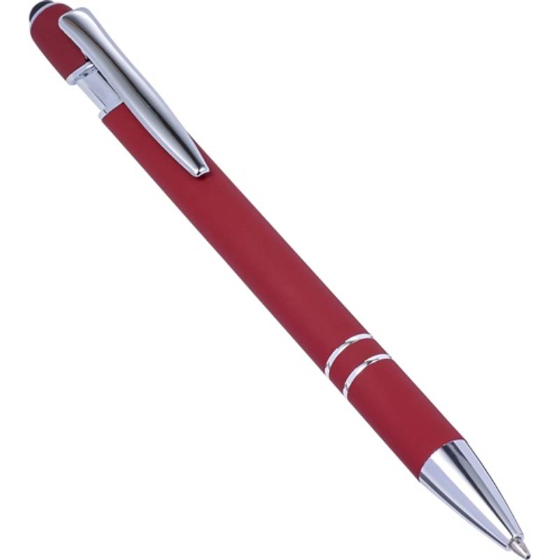 Guľôčkové pero so stylusom, modrou náplňou a pogumovaným povrchom, červené